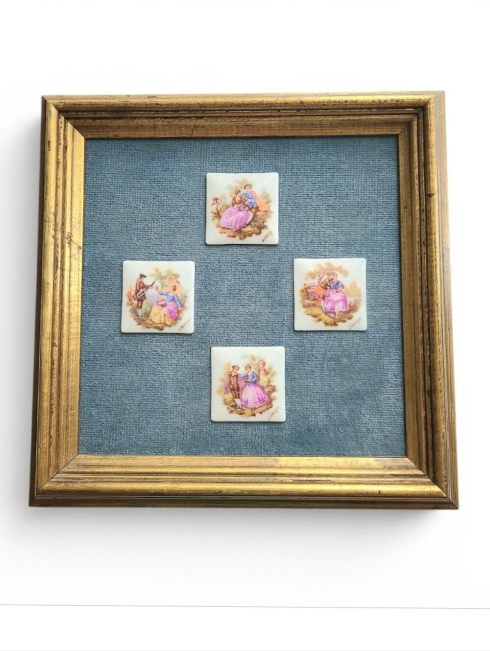 Vintage 1950s 9x9 Framed Set of 4 Limoges Porcelain Miniature Plaques